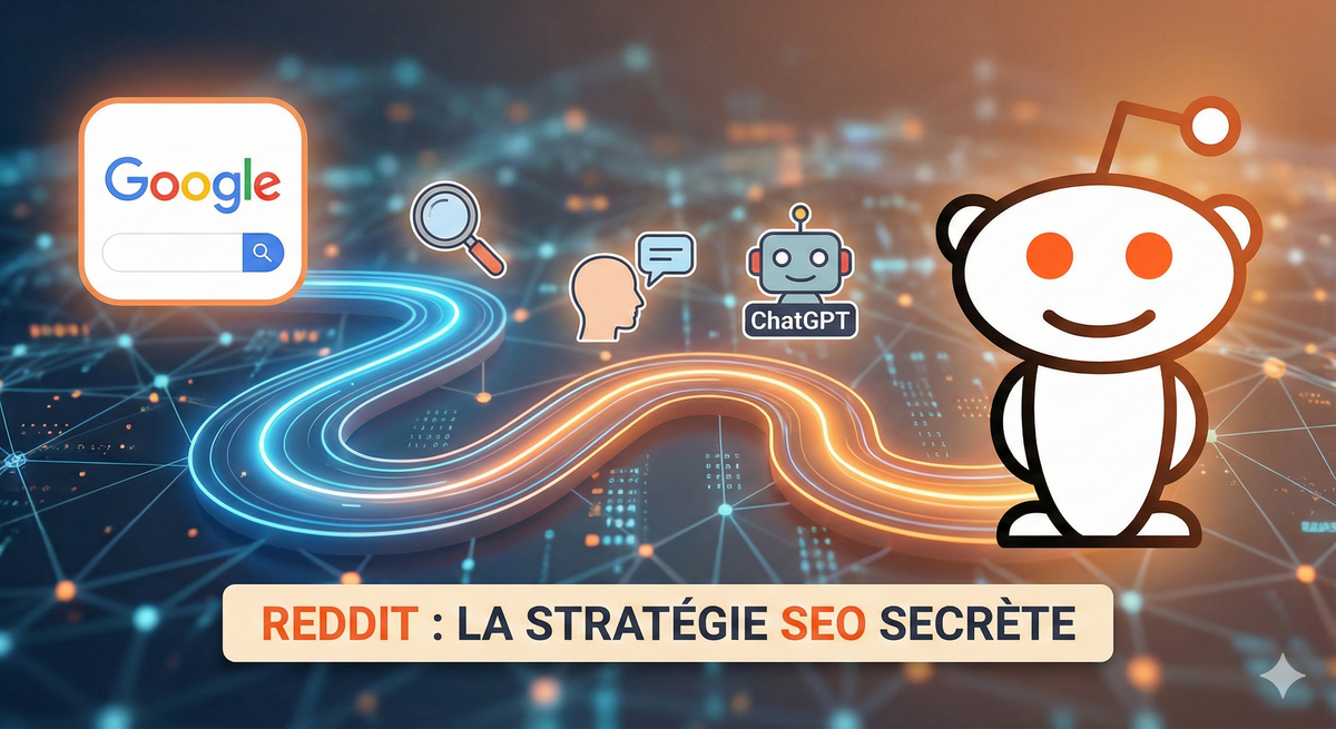 Illustration montrant le logo de Reddit connecté à des bulles de discussion, symbolisant la stratégie SEO communautaire.